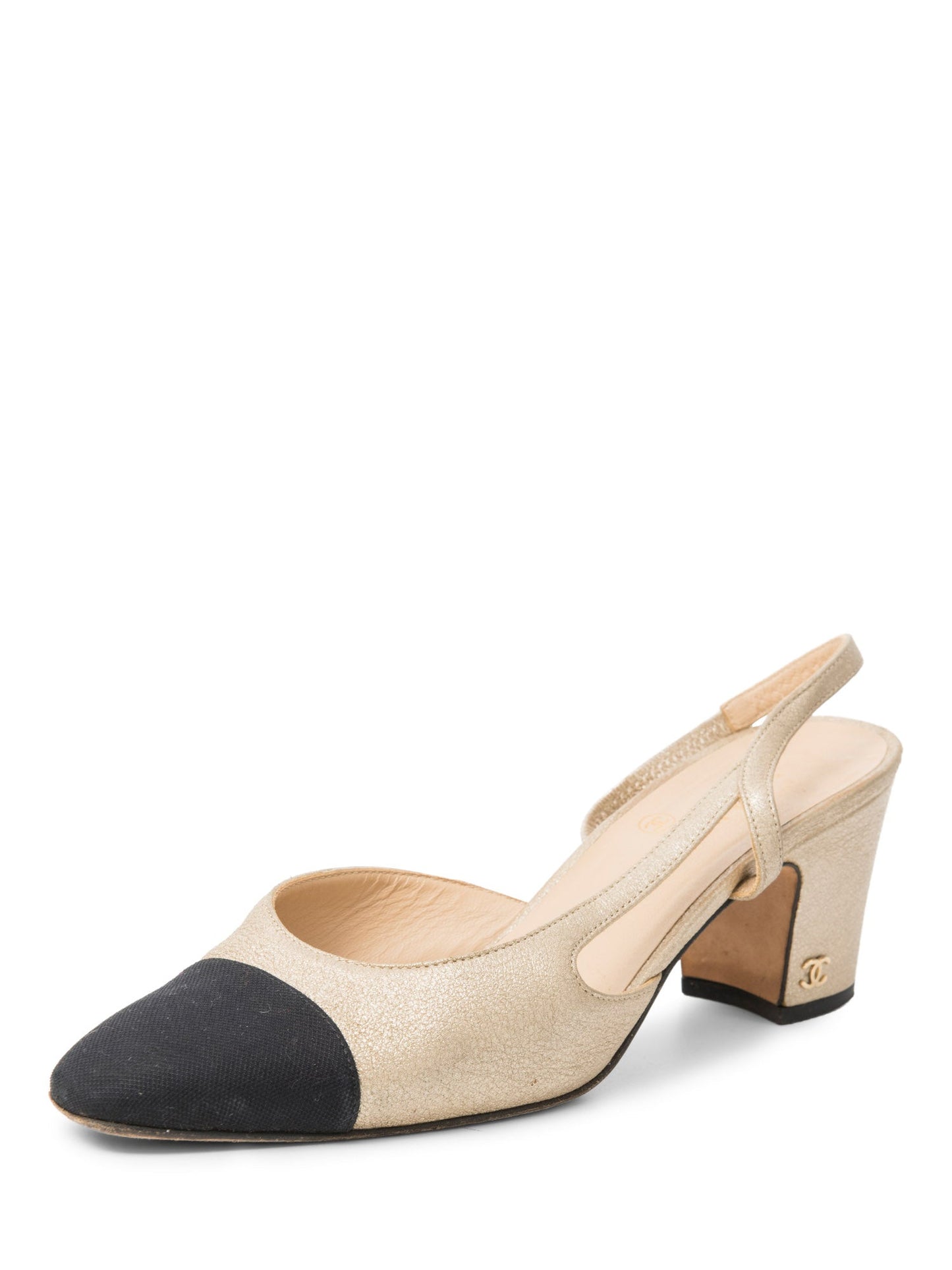 Chanel CC Logo Cap Toe Slingback Heels Gold Black