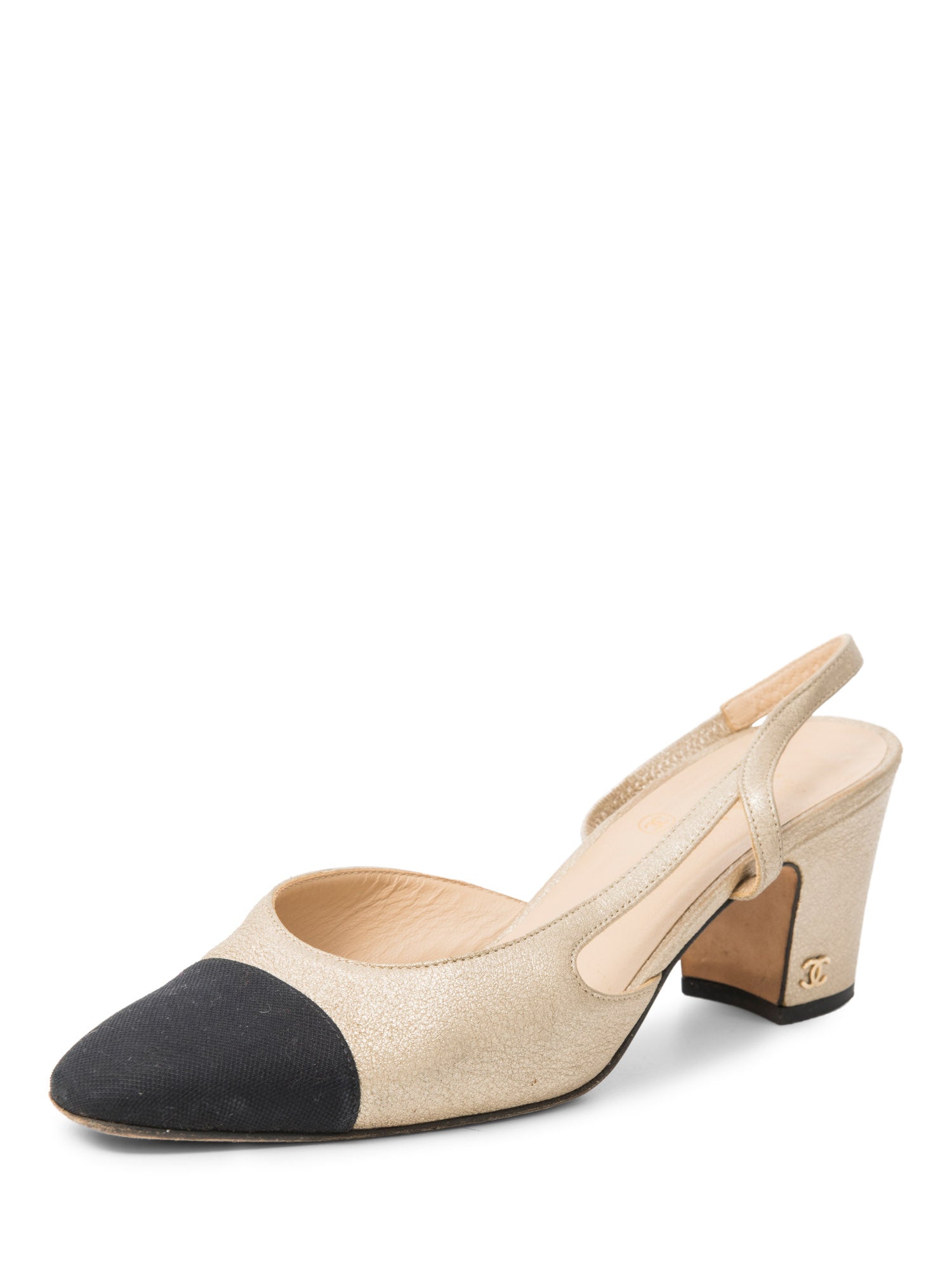 Chanel CC Logo Cap Toe Slingback Heels Gold Black