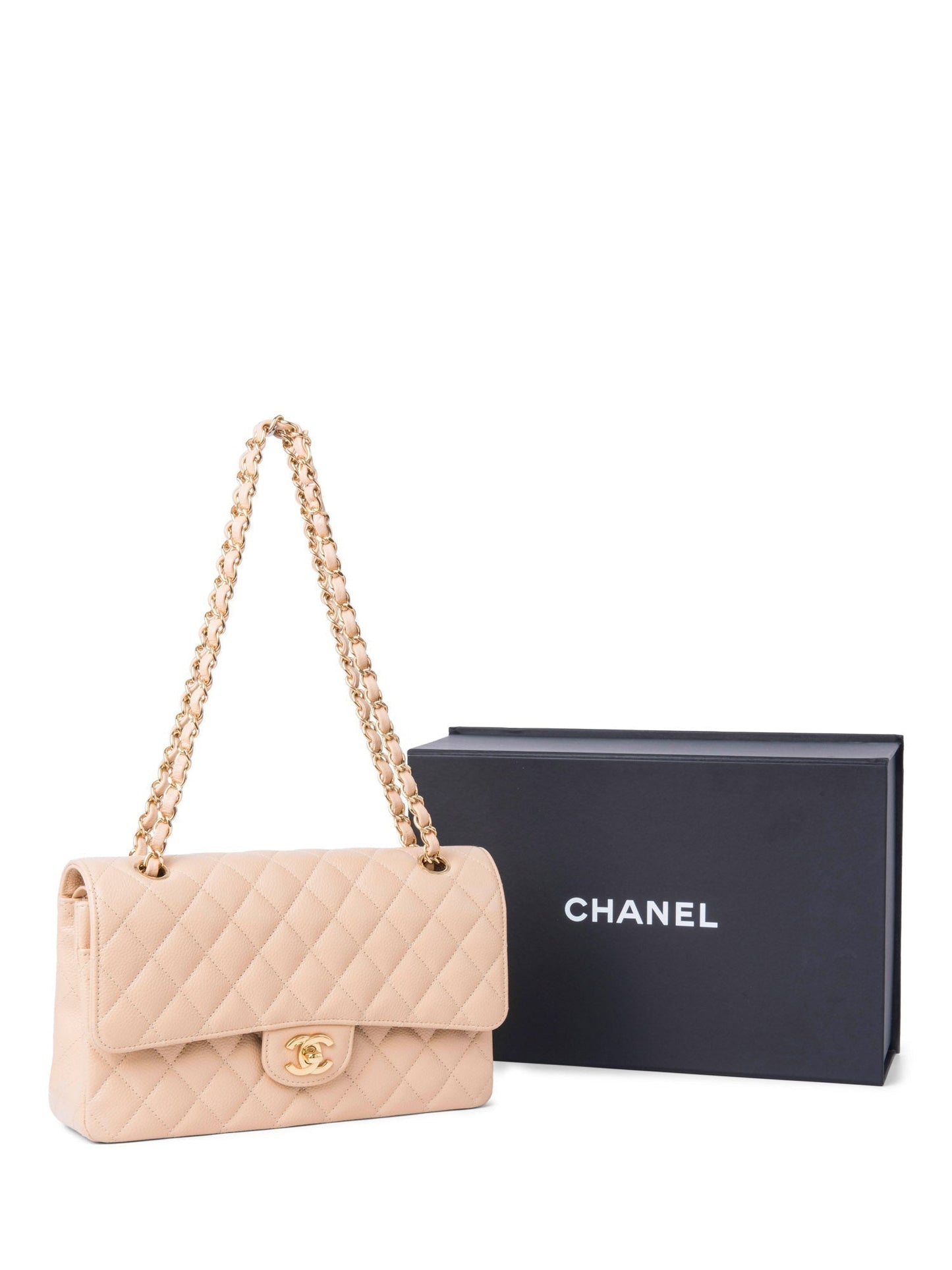 Chanel CC Logo Caviar Leather Double Flap Bag Beige Gold