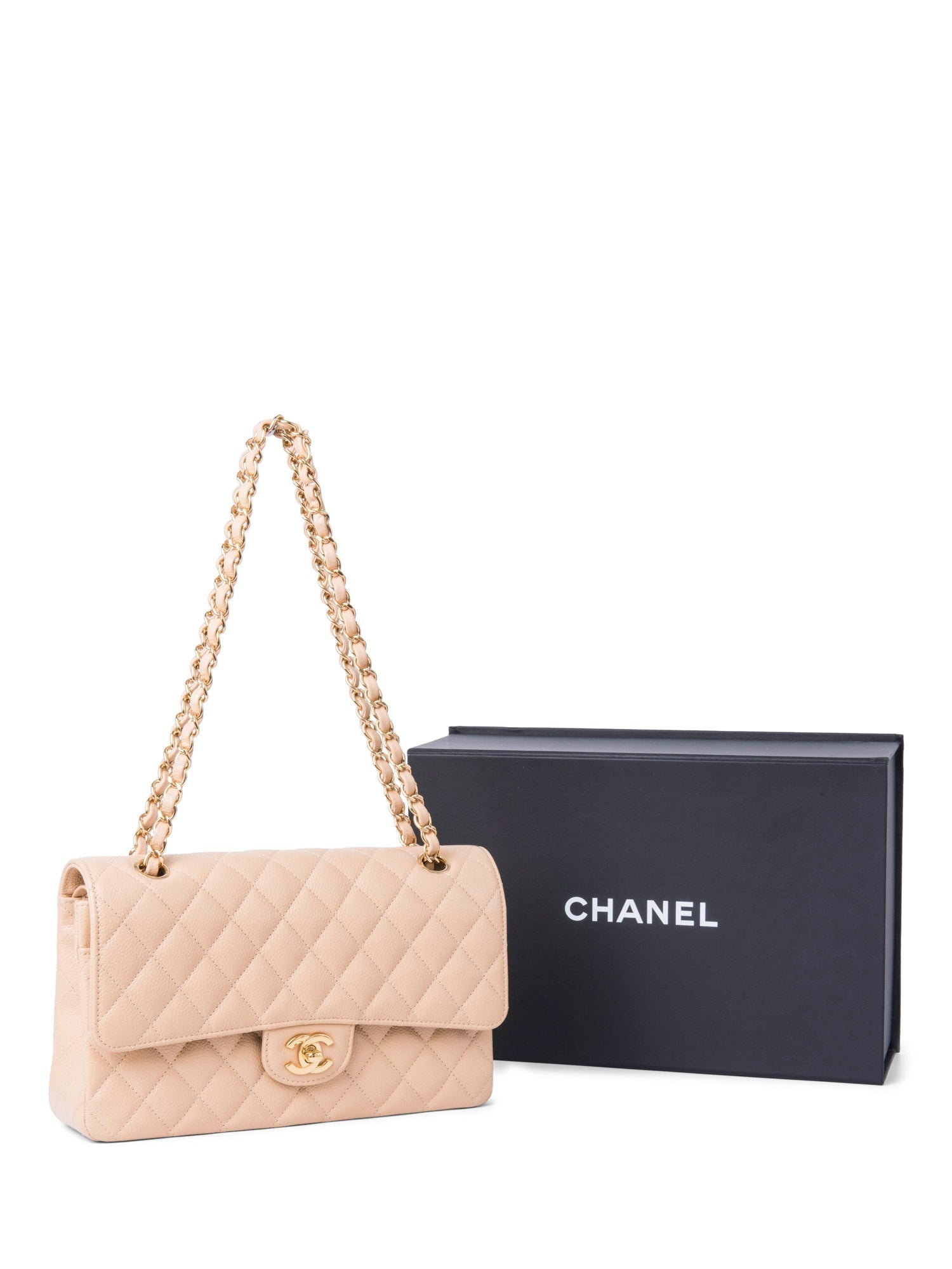 Chanel CC Logo Caviar Leather Double Flap Bag Beige Gold