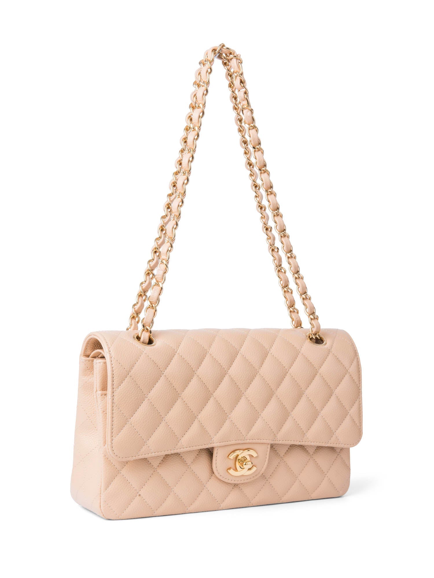 Chanel CC Logo Caviar Leather Double Flap Bag Beige Gold