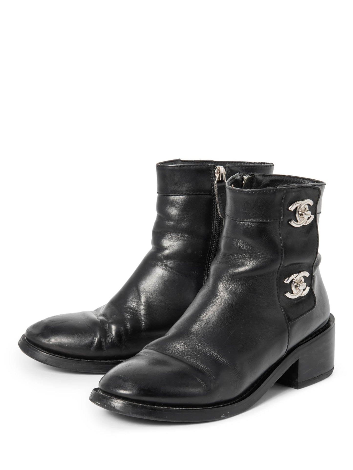Chanel CC Logo Leather Ankle Biker Boots Black Silver