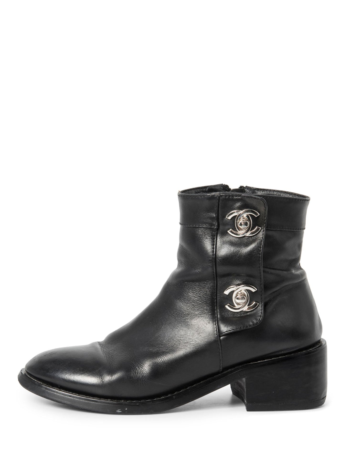 Chanel CC Logo Leather Ankle Biker Boots Black Silver