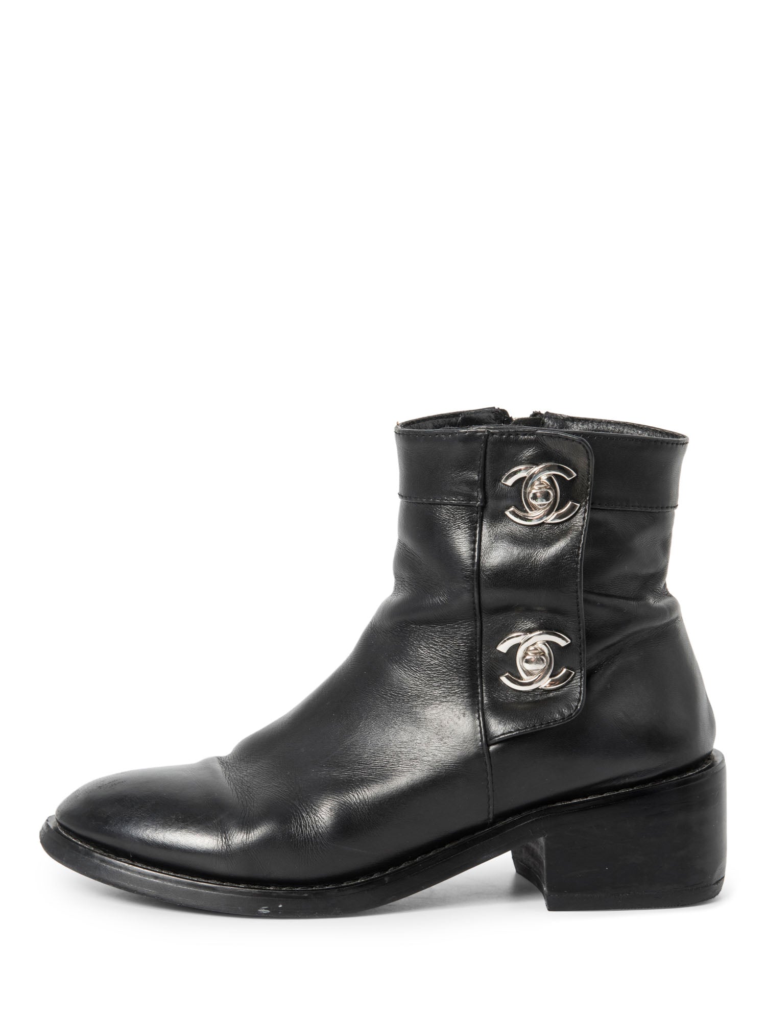 Chanel CC Logo Leather Ankle Biker Boots Black Silver