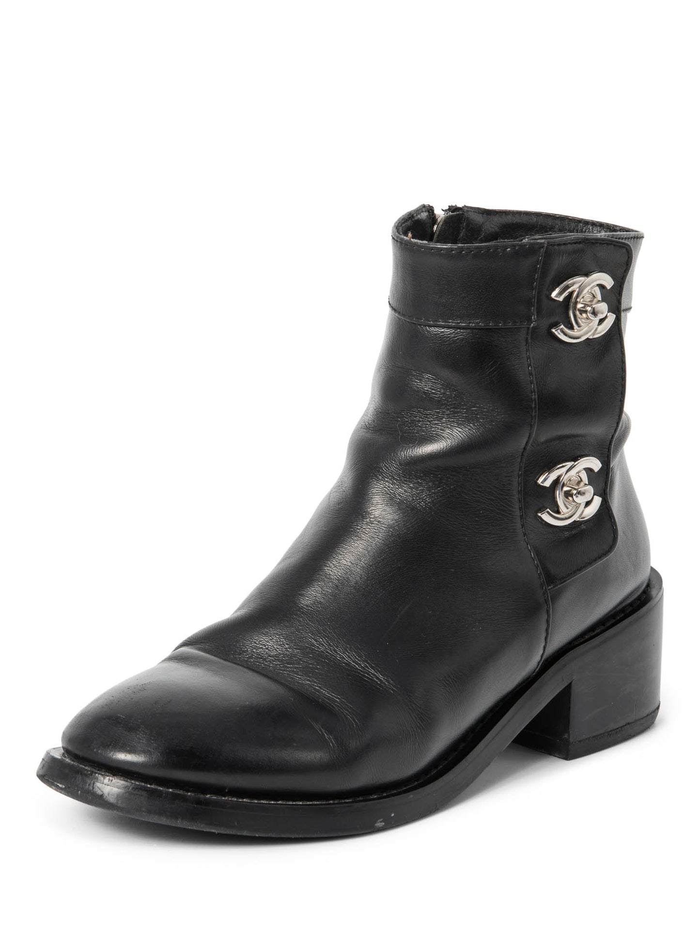 Chanel CC Logo Leather Ankle Biker Boots Black Silver
