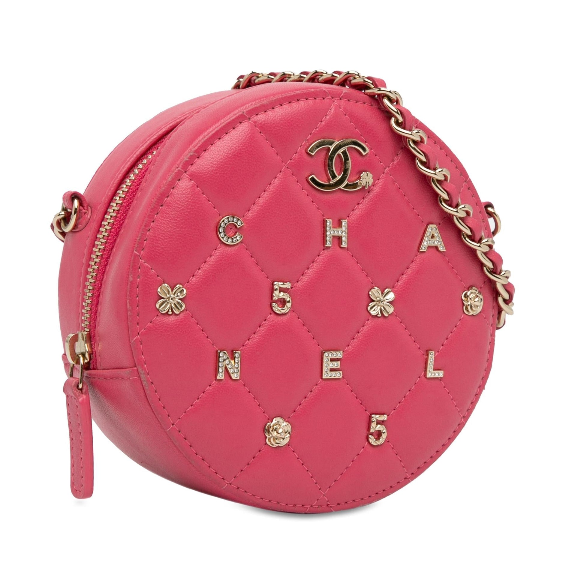 Chanel CC Quilted Lambskin Lucky Charms Round Key Chain