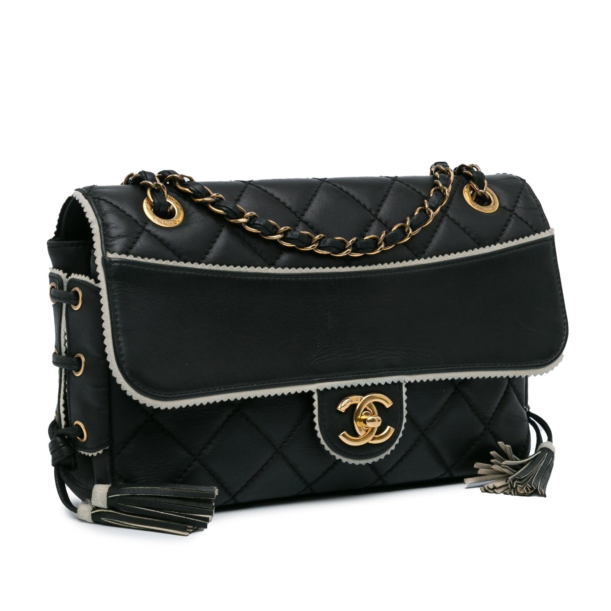 Chanel CC Quilted Lambskin Tassel Border Embellished Handbag