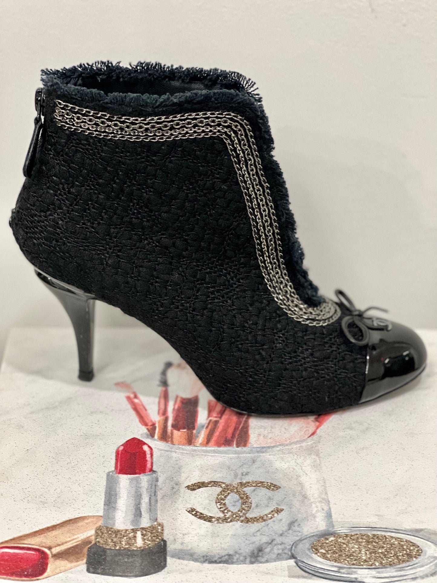 CHANEL CC TWEED CHAIN EMBELLISHED ANKLE BOOTIES