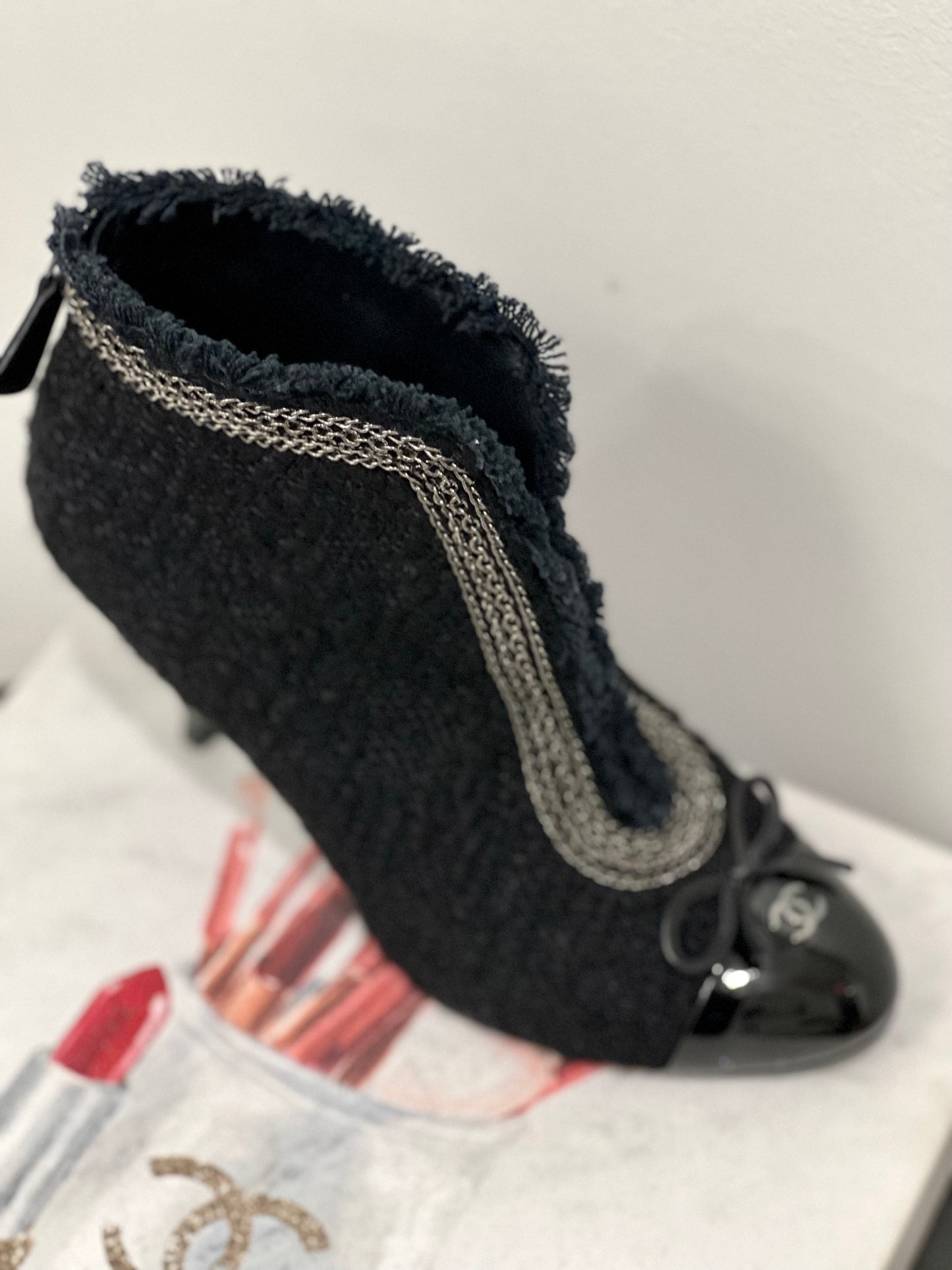 Chanel CC Tweed Chain Embellished Ankle Booties for Women Women's Shoes