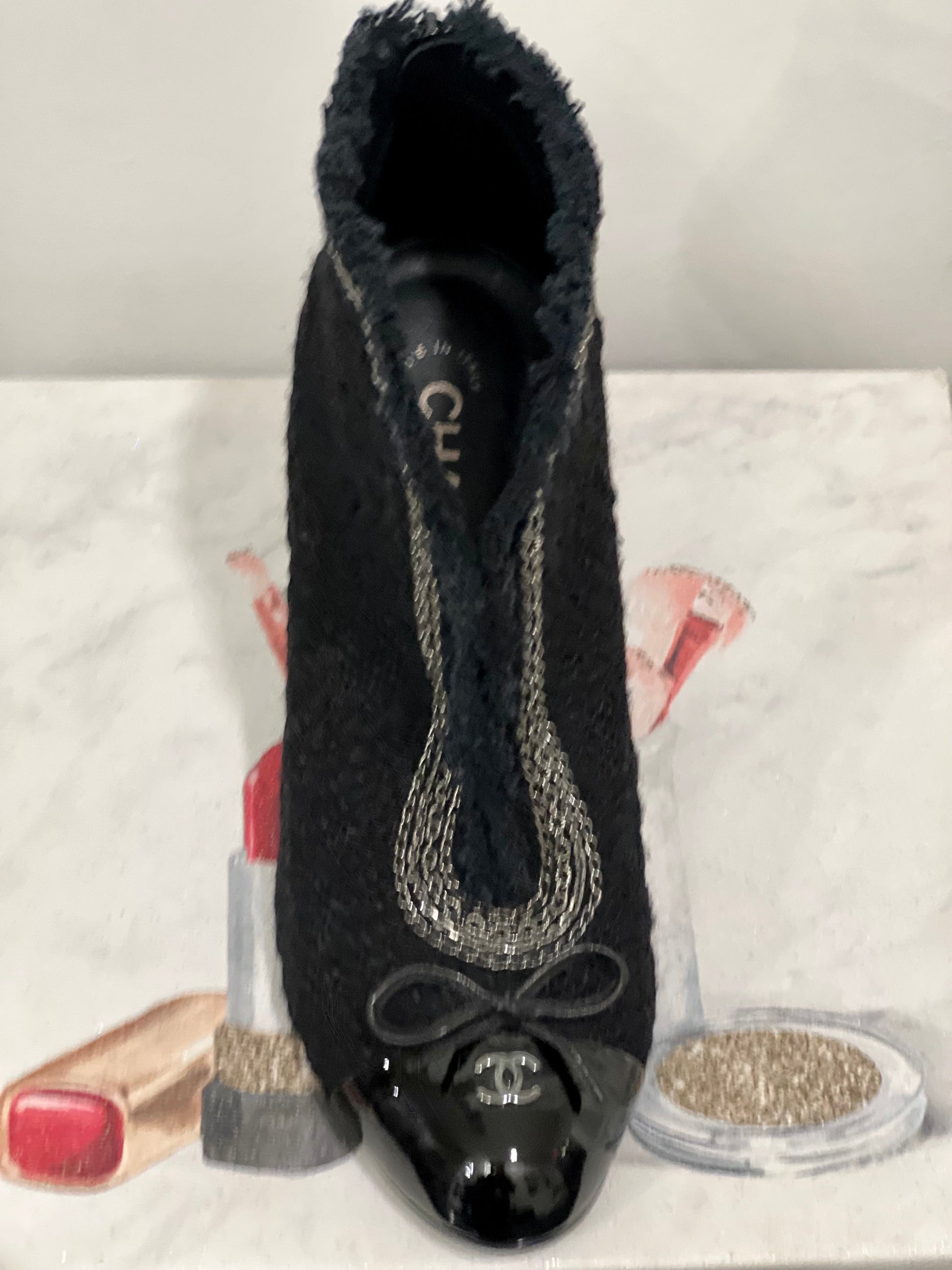 CHANEL CC TWEED CHAIN EMBELLISHED ANKLE BOOTIES