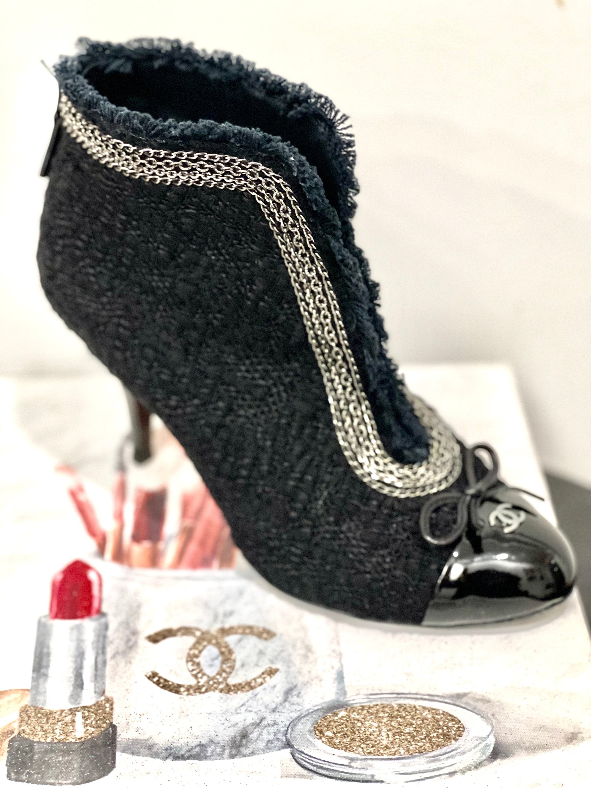 Chanel CC Tweed Chain Embellished Ankle Booties for Women Women's Shoes
