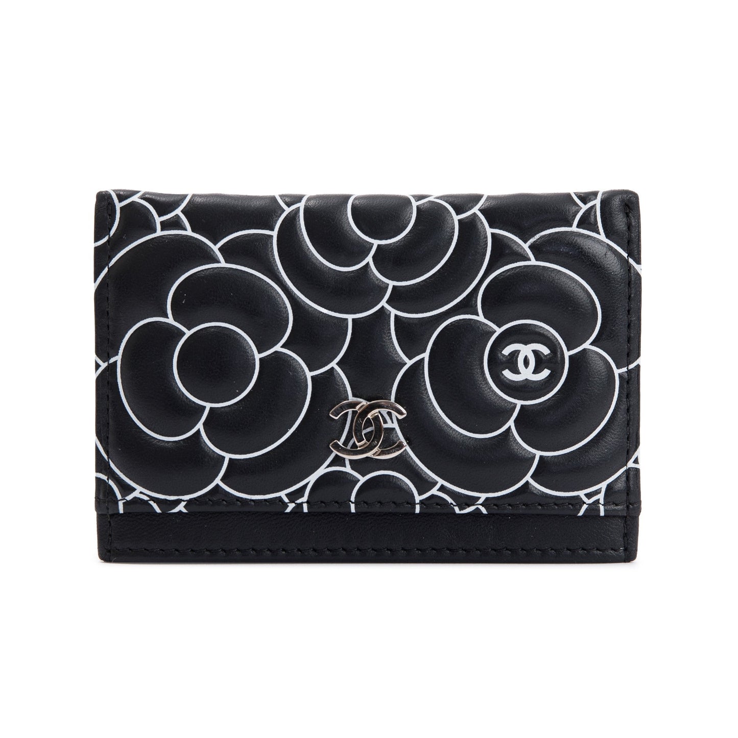Chanel Camellia Embossed Card Holder Lambskin Wallet Case