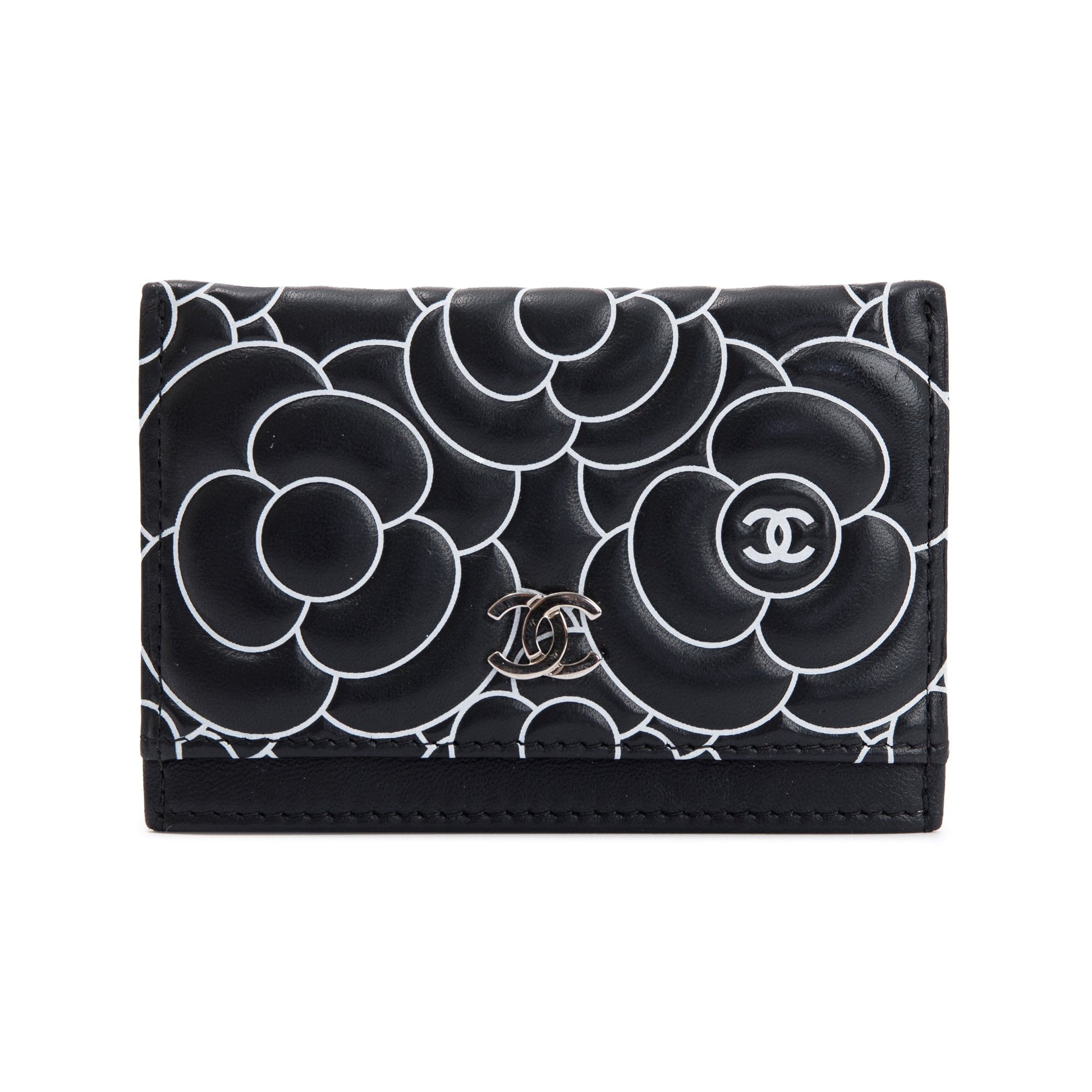 Chanel Camellia Embossed Card Holder Lambskin Wallet Case