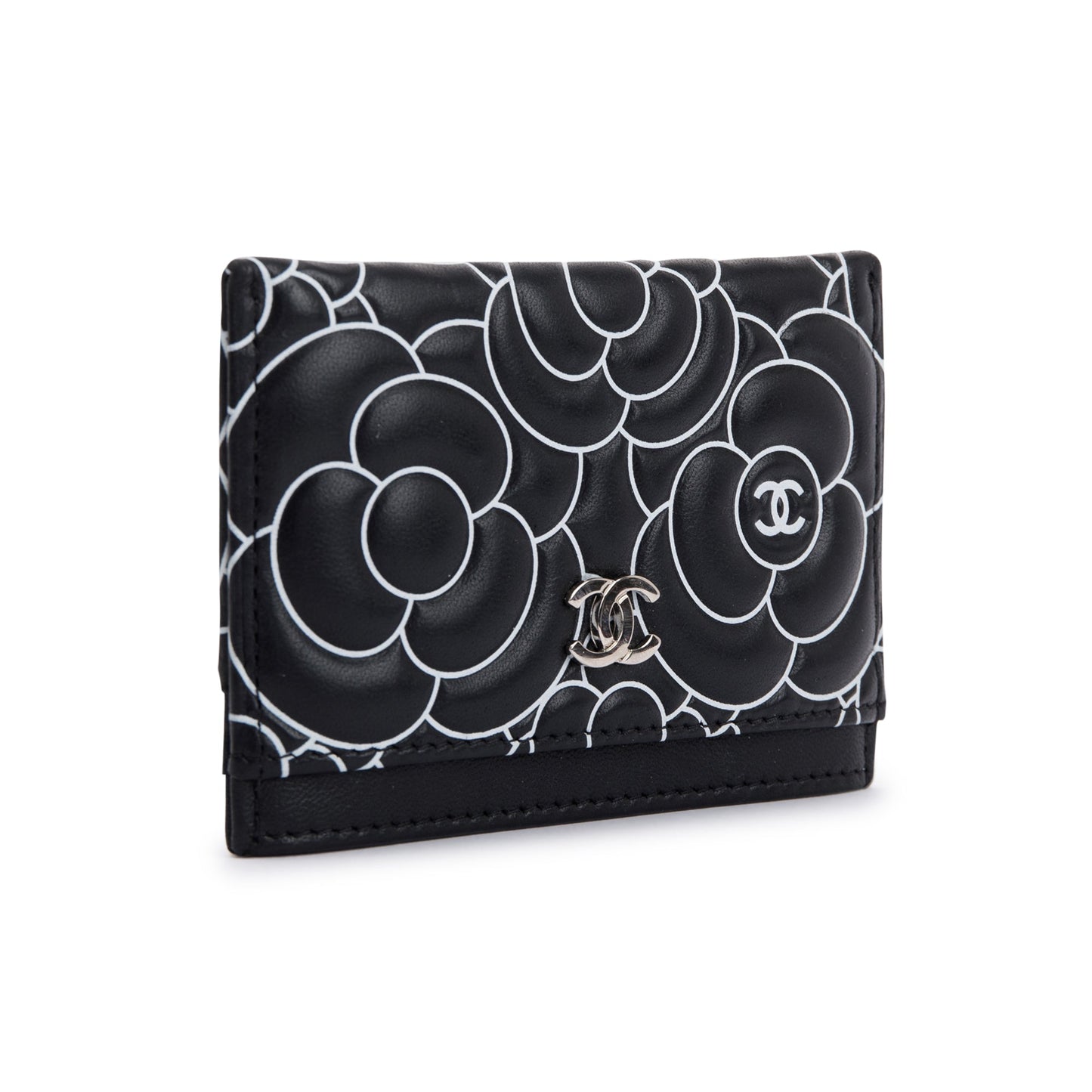 Chanel Camellia Embossed Card Holder Lambskin Wallet Case