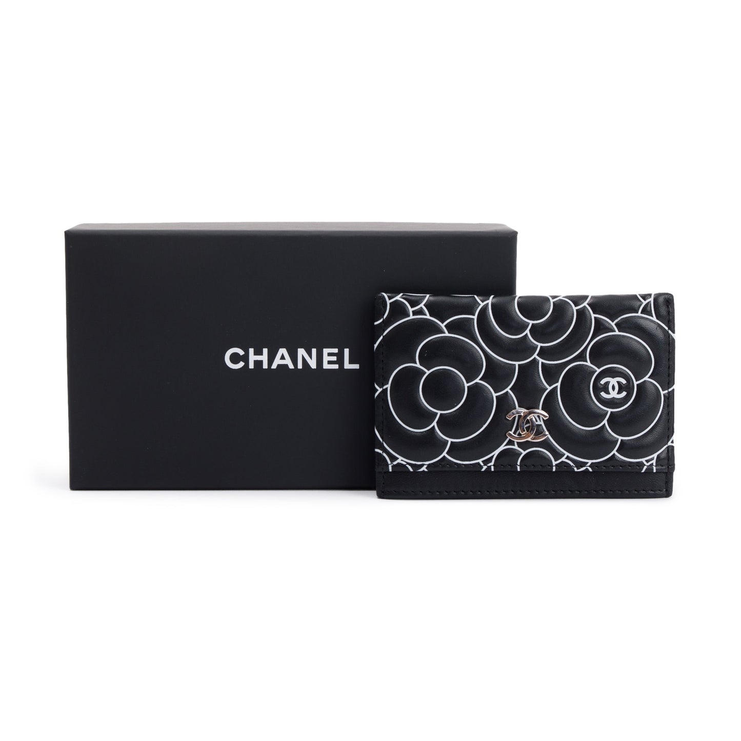 Chanel Camellia Embossed Card Holder Lambskin Wallet Case