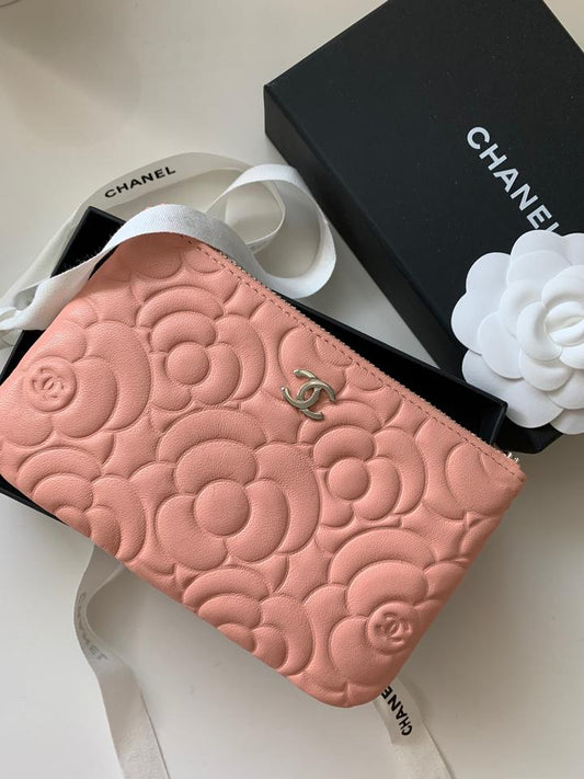 Chanel Camellia Embossed O -Pochette Clutch Bag