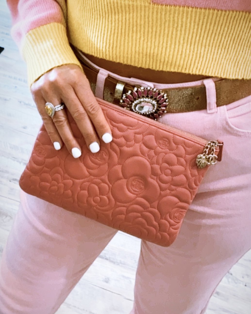 Chanel Camellia Embossed O -Pochette Clutch Bag