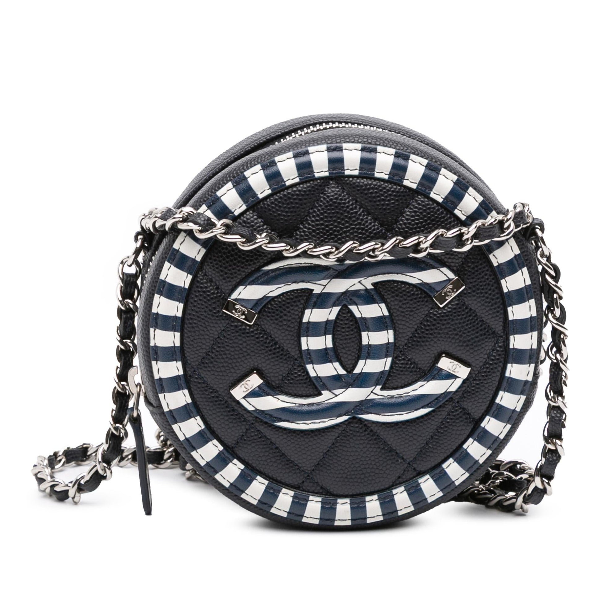 Chanel Caviar Striped CC Filigree Round Crossbody Bag