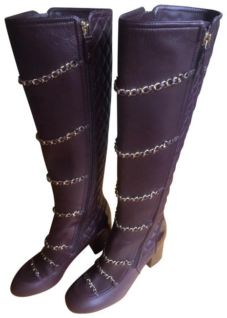 Chanel Chain Accent Quilted Leather Knee High Boots