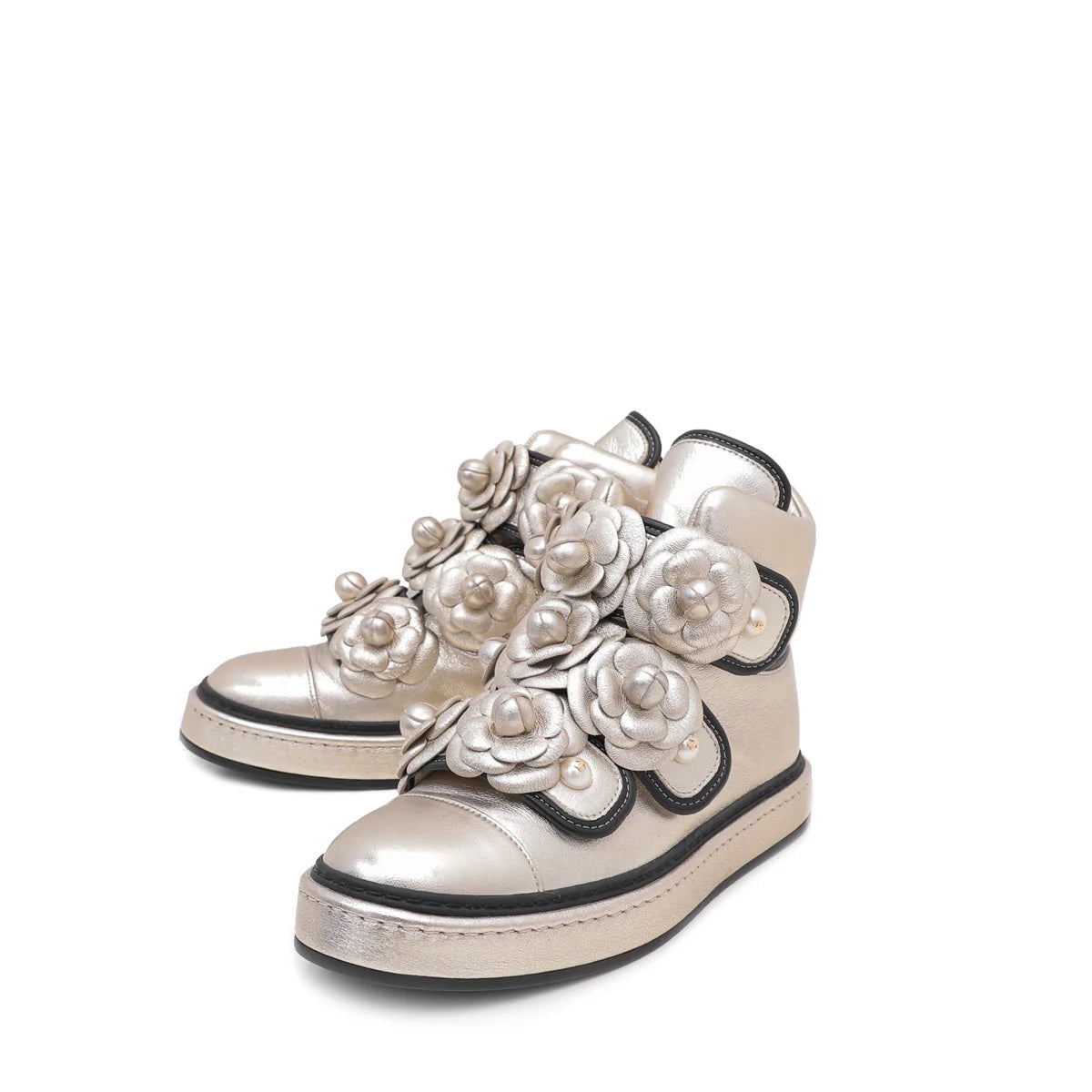 Chanel CC Camellia Metallic Champagne Lambskin Sneakers for Women