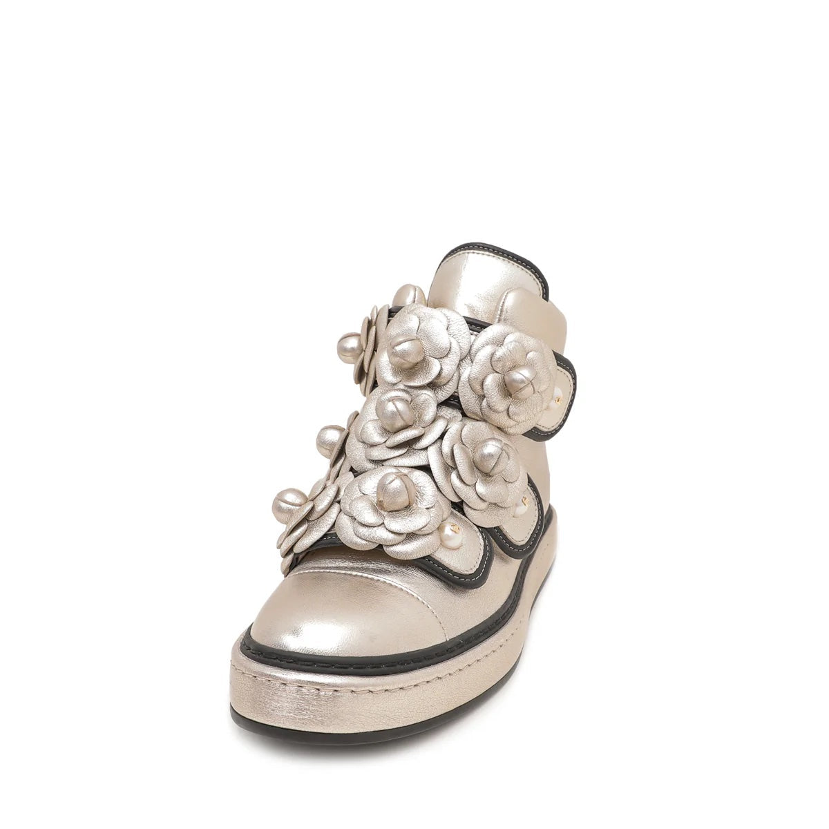 Chanel CC Camellia Metallic Champagne Lambskin Sneakers for Women
