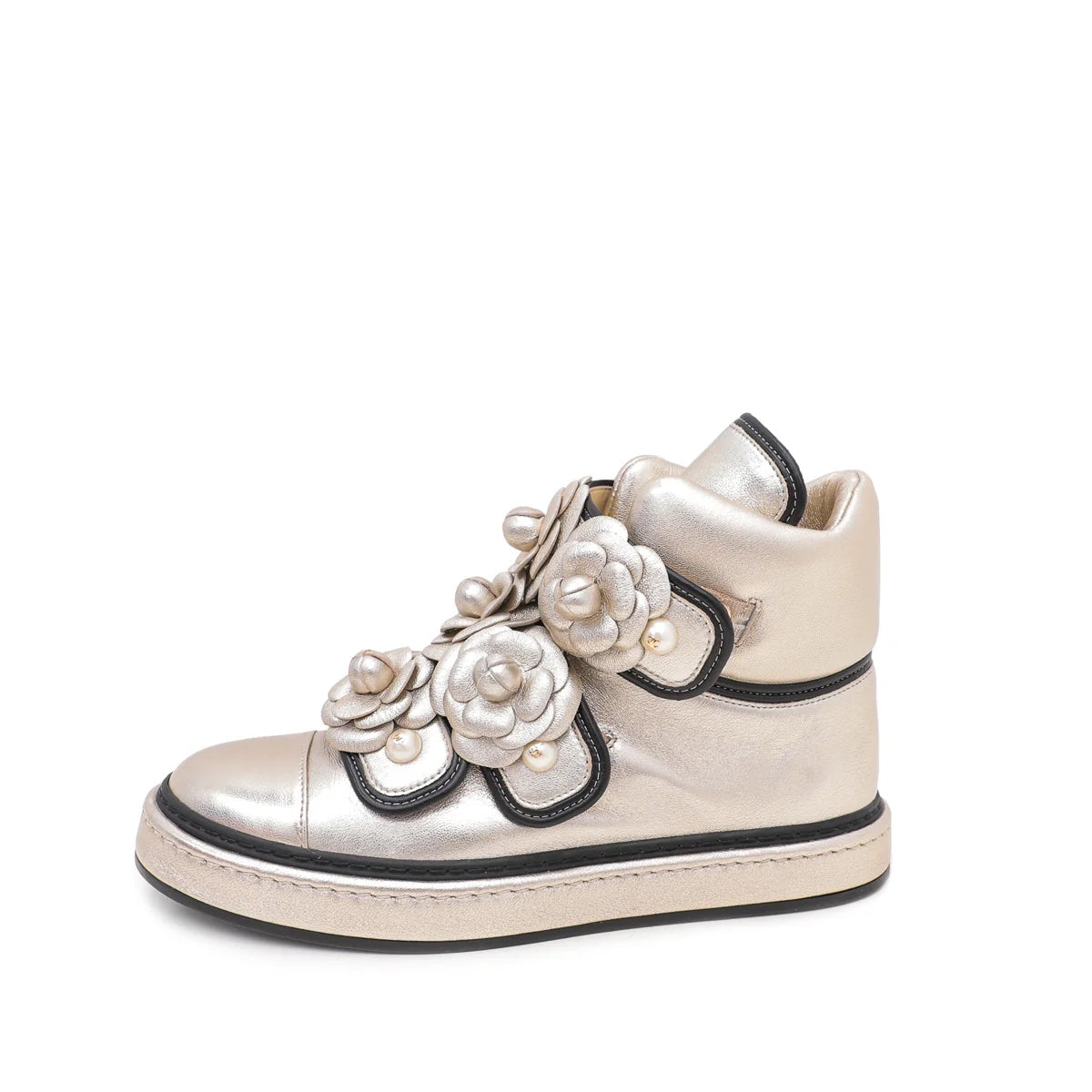 Chanel CC Camellia Metallic Champagne Lambskin Sneakers for Women
