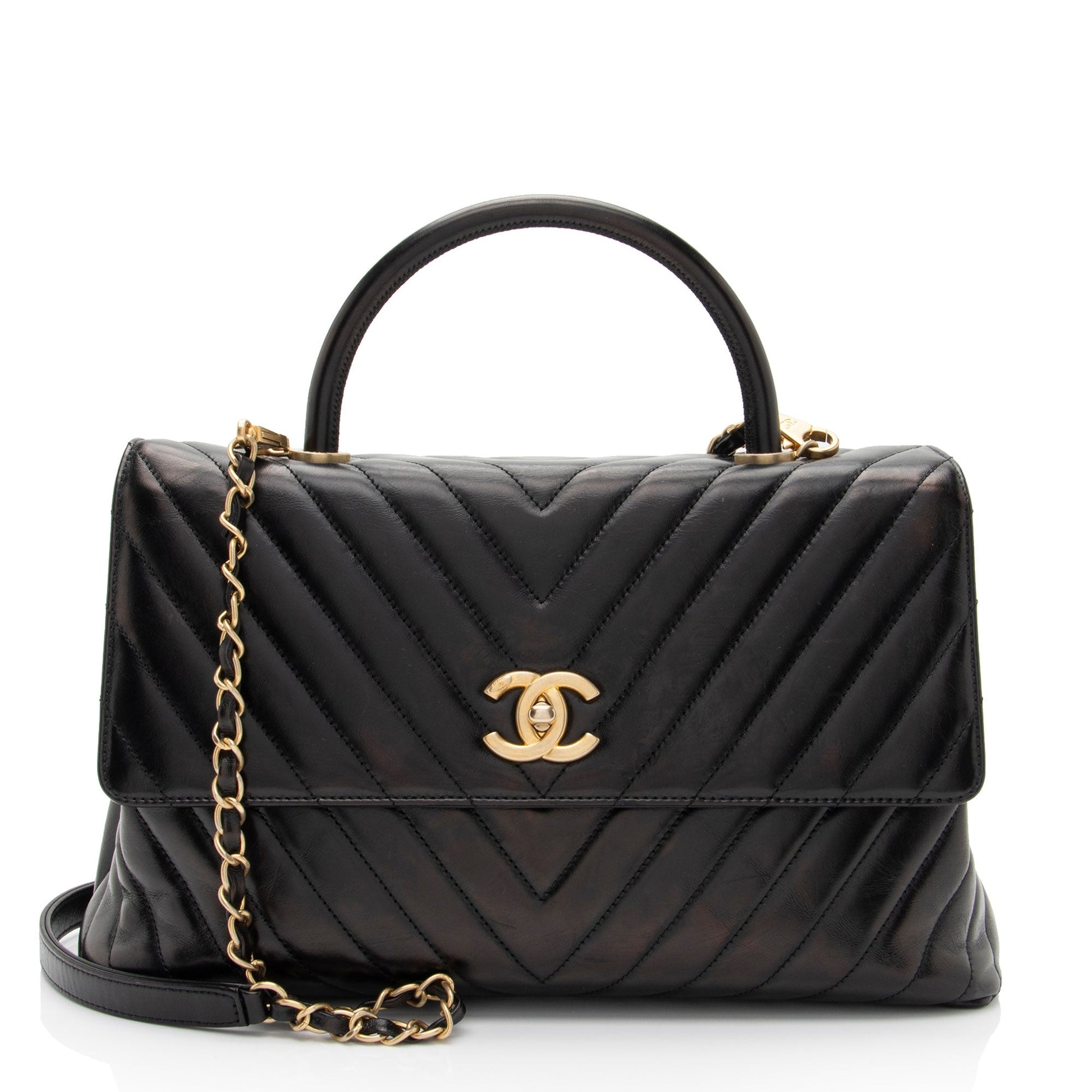 Chanel Chevron Calfskin Coco Top Handle Flap Shoulder Bag