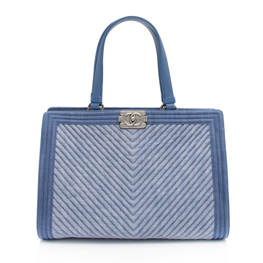 Chanel Chevron Denim Boy Tote Bag
