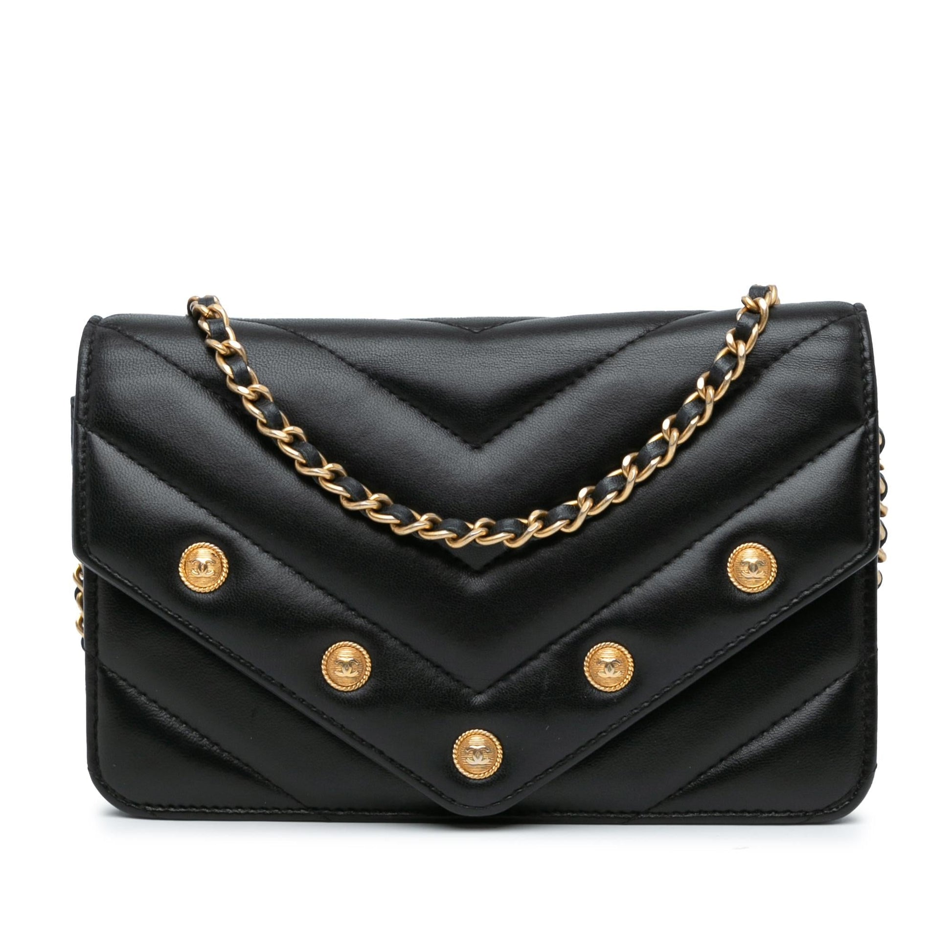 Chanel Chevron Lambskin Button On Wallet Case