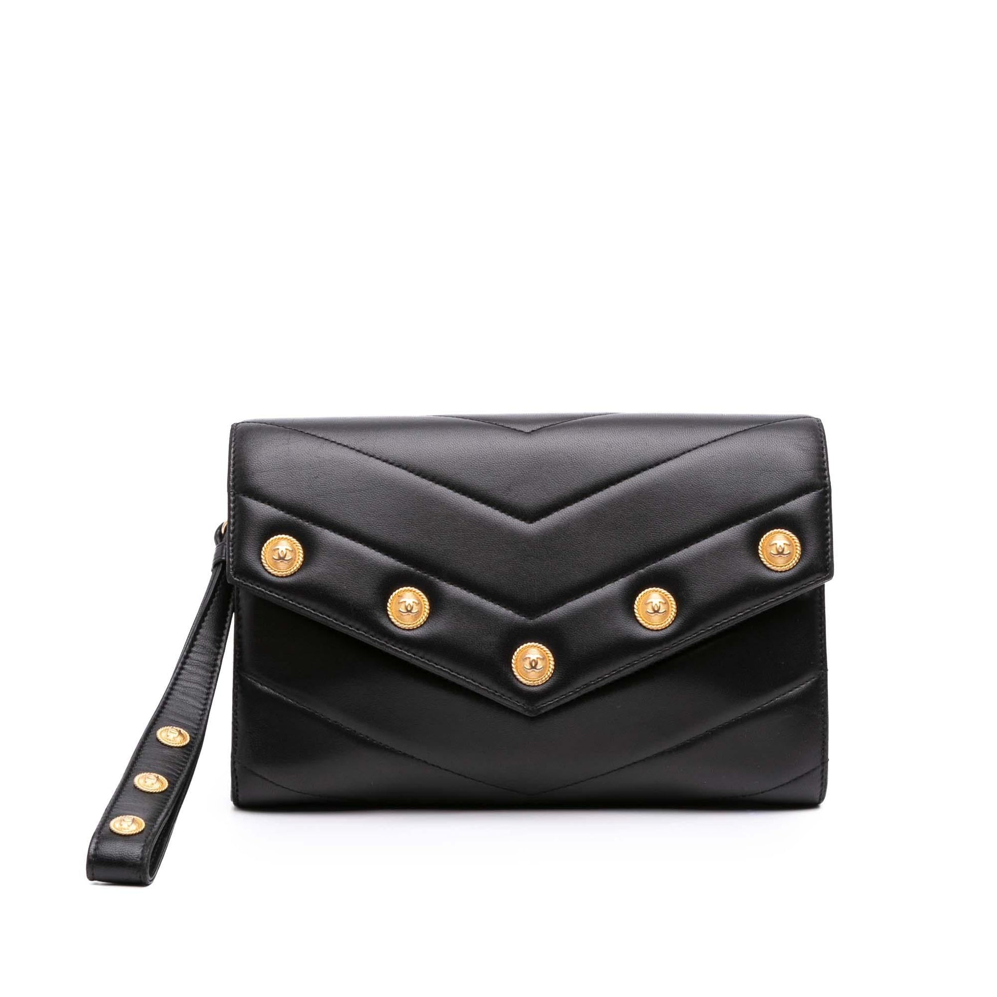 Chanel Chevron Lambskin CC Medallion Button Flap Clutch Bag