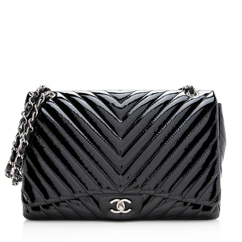 Chanel Chevron Patent Classic Maxi Single Flap Leather Shoulder Bag