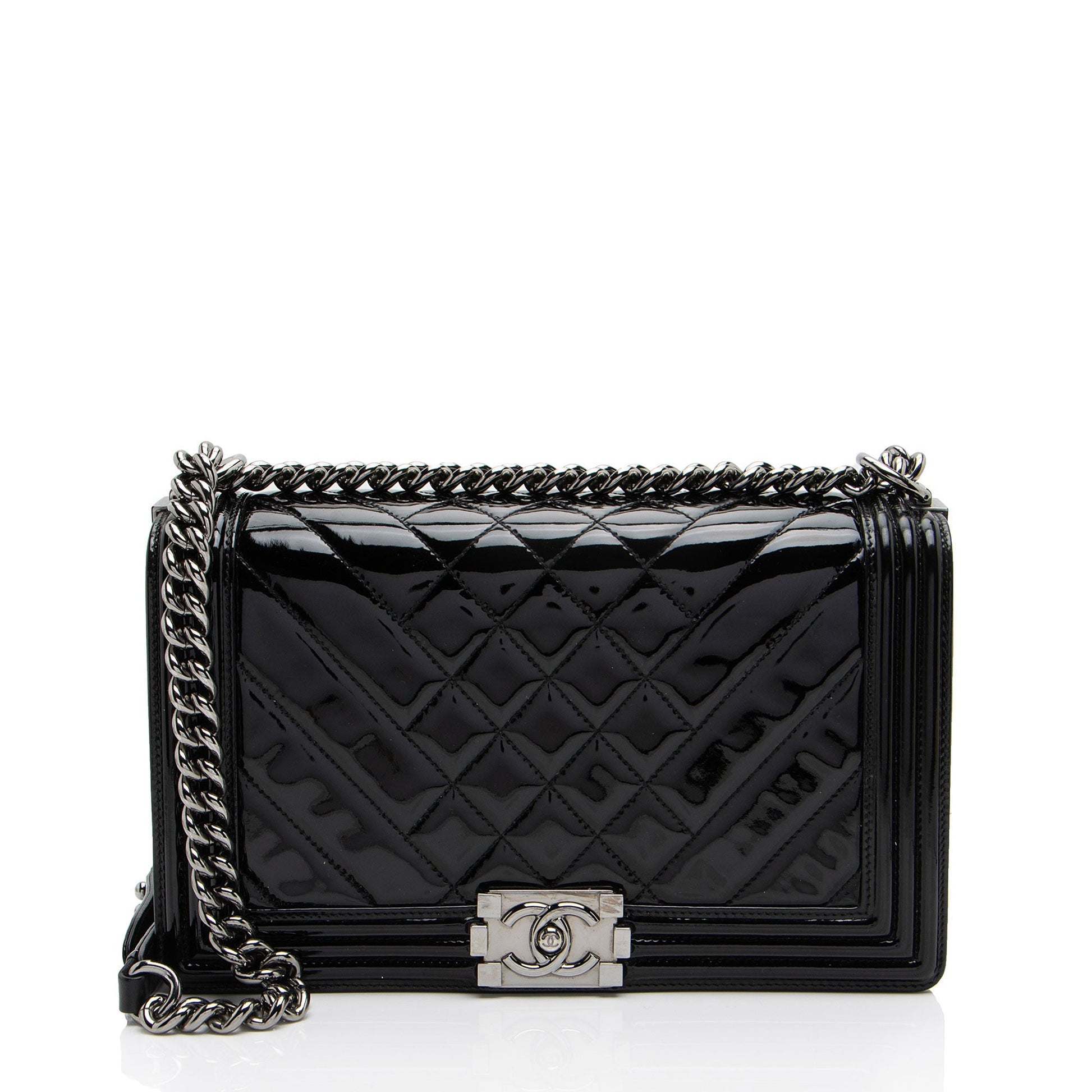 Chanel Chevron Patent New Boy Leather Handbag