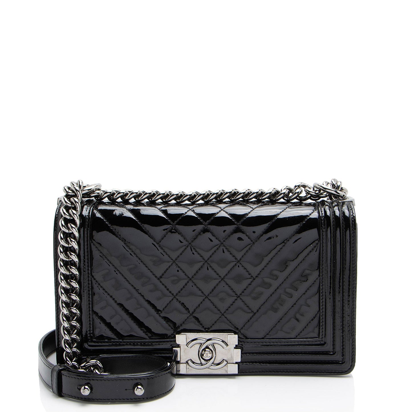 Chanel Chevron Patent Old Boy Leather Handbag