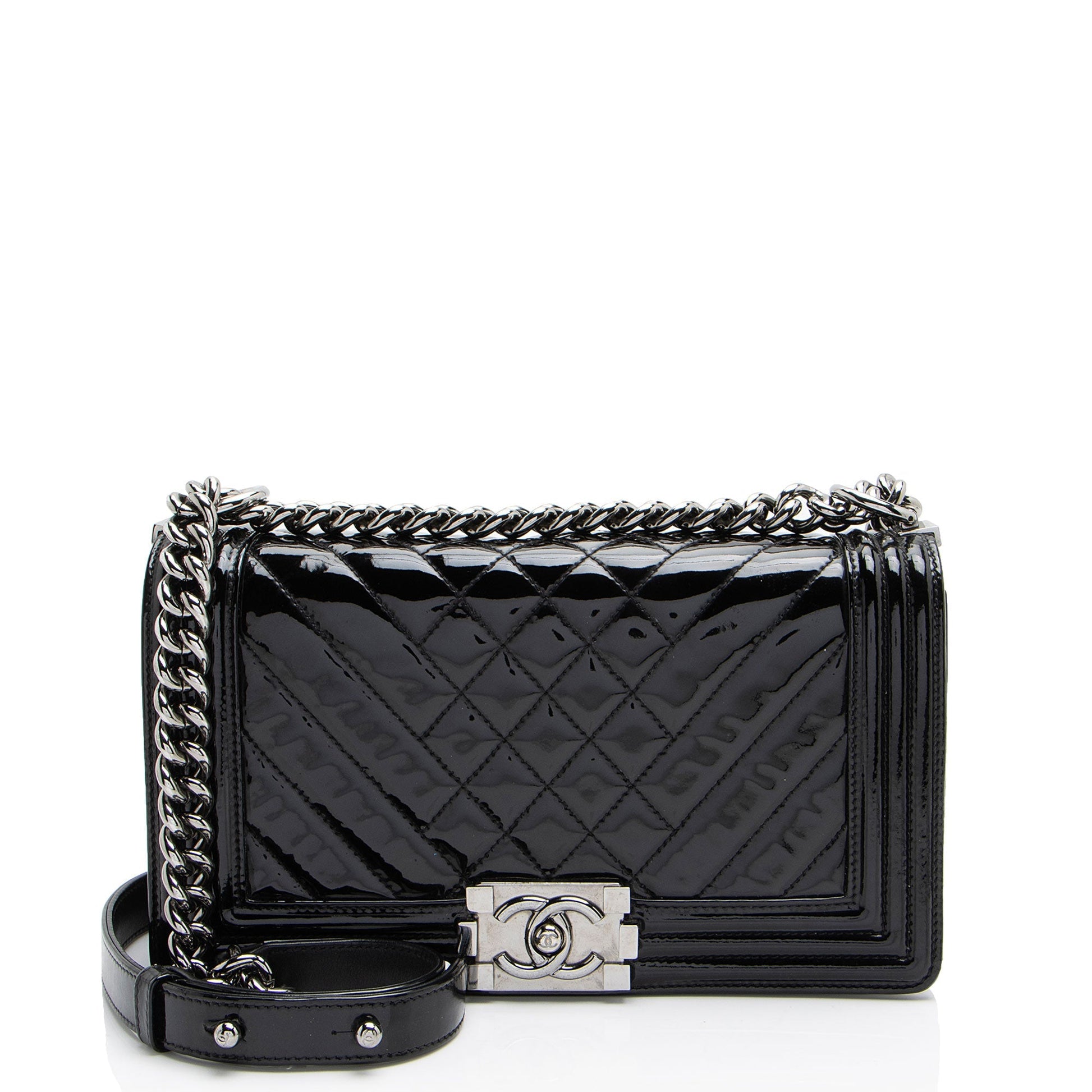 Chanel Chevron Patent Old Boy Leather Handbag