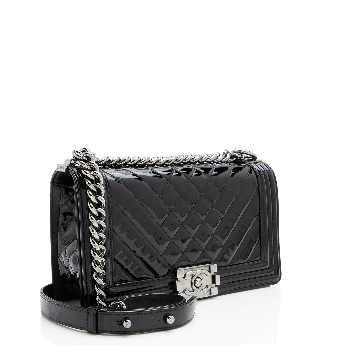 Chanel Chevron Patent Old Boy Leather Handbag