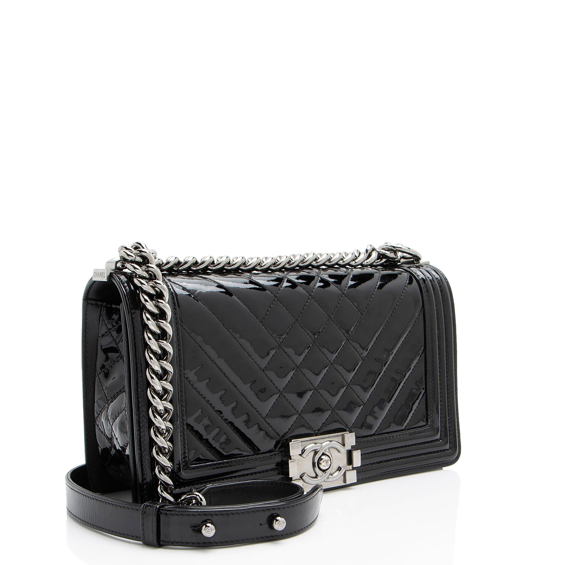 Chanel Chevron Patent Old Boy Leather Handbag