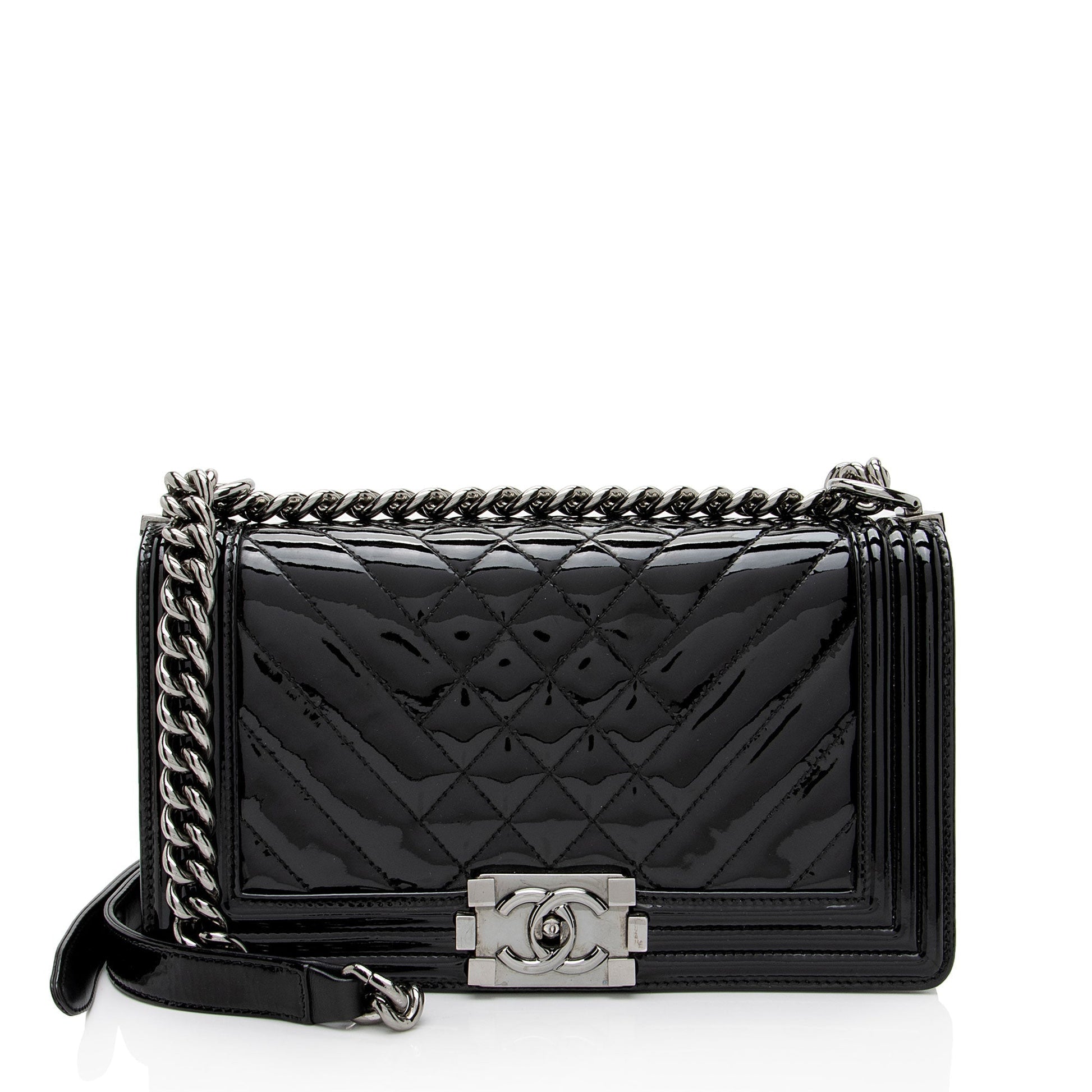 Chanel Chevron Patent Old Boy Leather Handbag