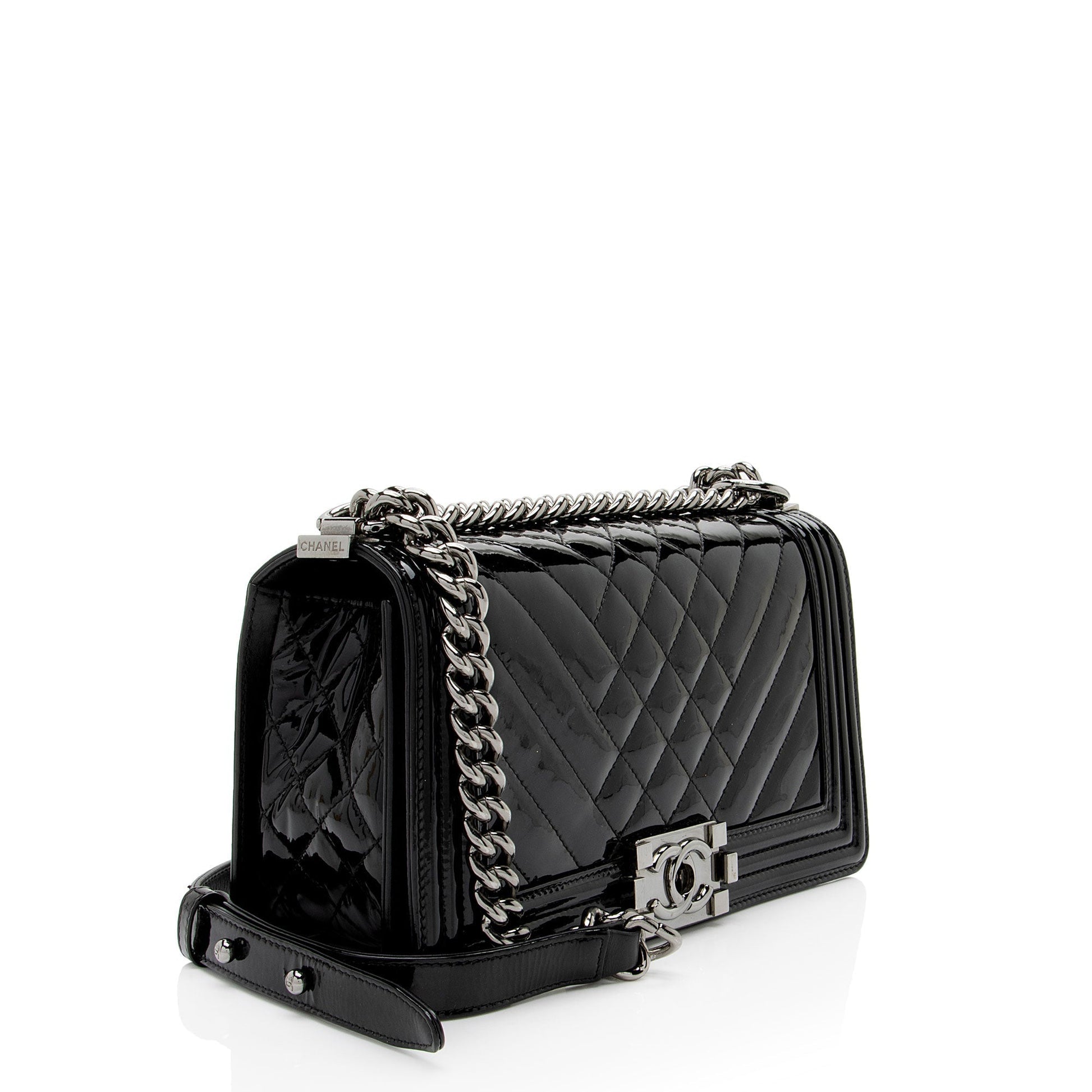 Chanel Chevron Patent Old Boy Leather Handbag