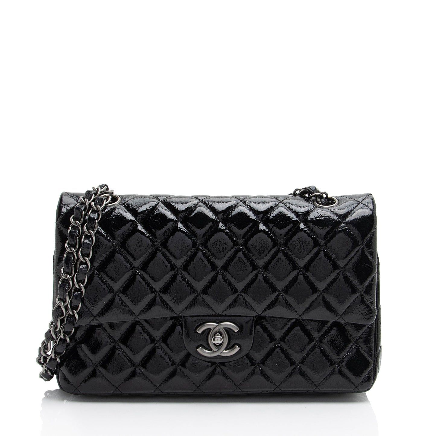 Chanel Crumpled Patent Classic Double Flap Leather Shoulder Bag
