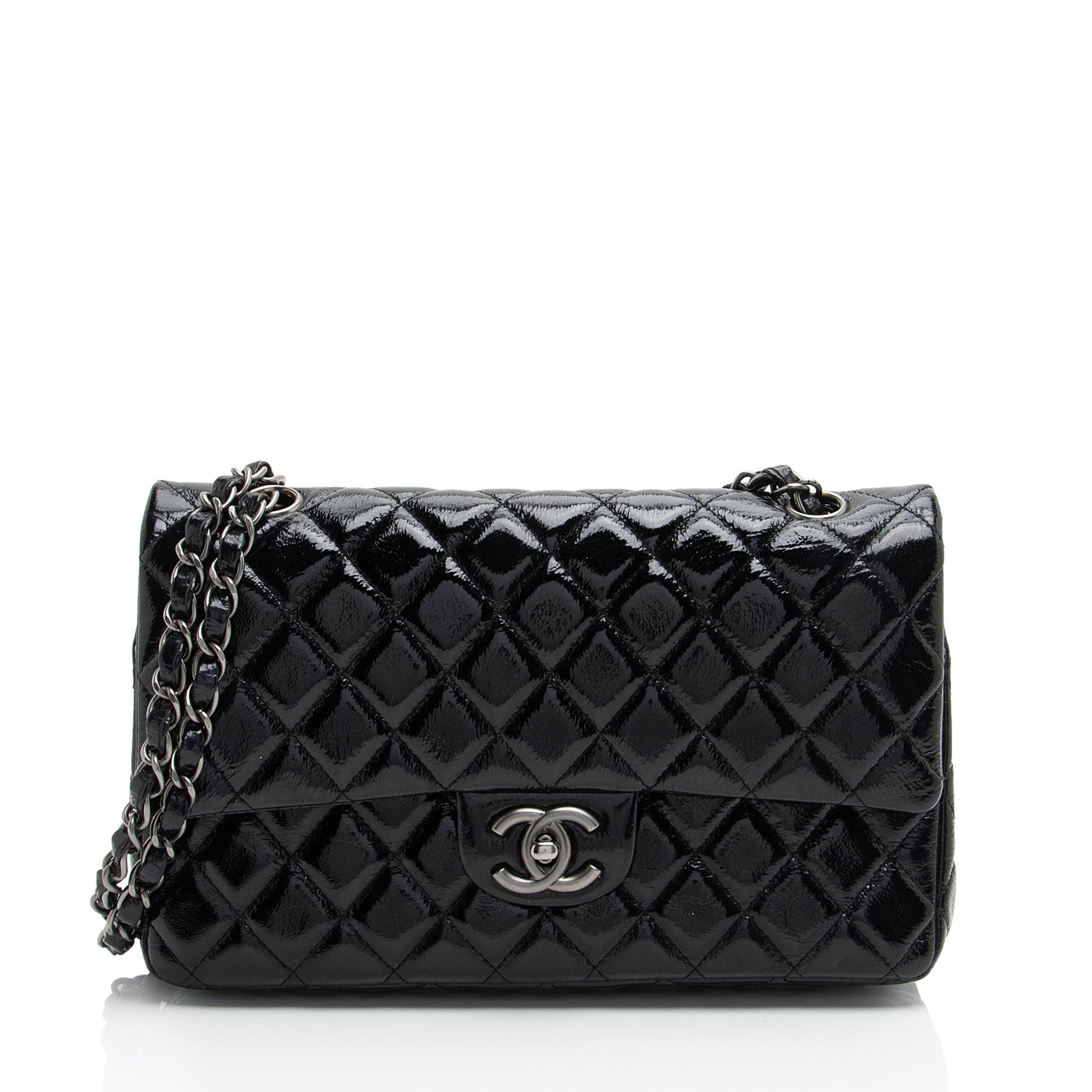 Chanel Crumpled Patent Classic Double Flap Leather Shoulder Bag