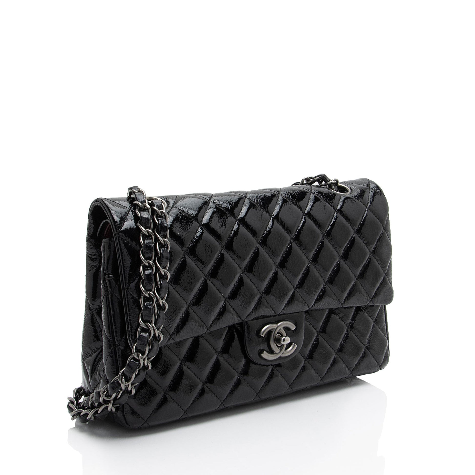Chanel Crumpled Patent Classic Double Flap Leather Shoulder Bag