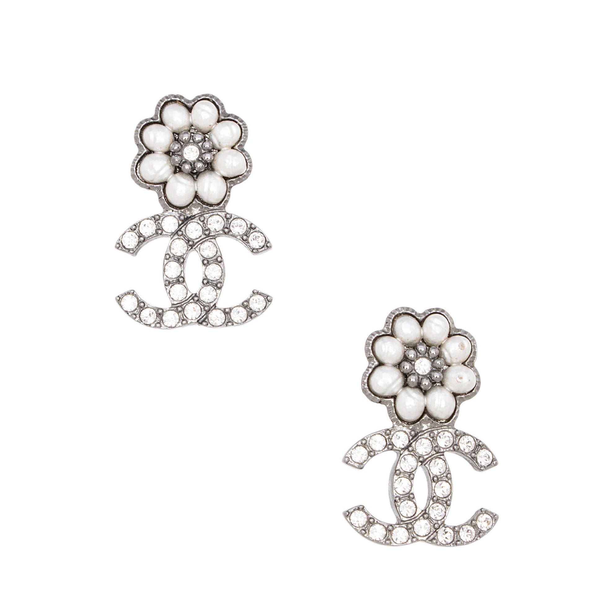 Chanel Crystal Pearl Flower Cc Drop Earrings (Shf-Ain3Wm)