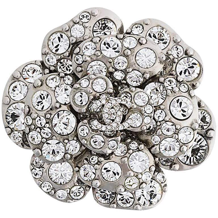 Chanel Swarovski Crystal Camellia CC Brooch Silver Handbag