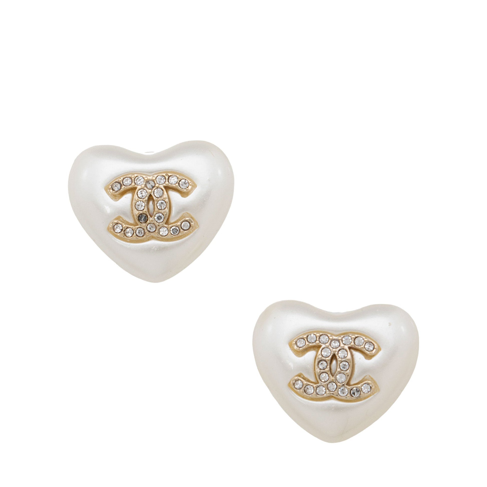 Chanel Crystal Pearl Heart Cc Stud Earrings (Shf-Mgagry)