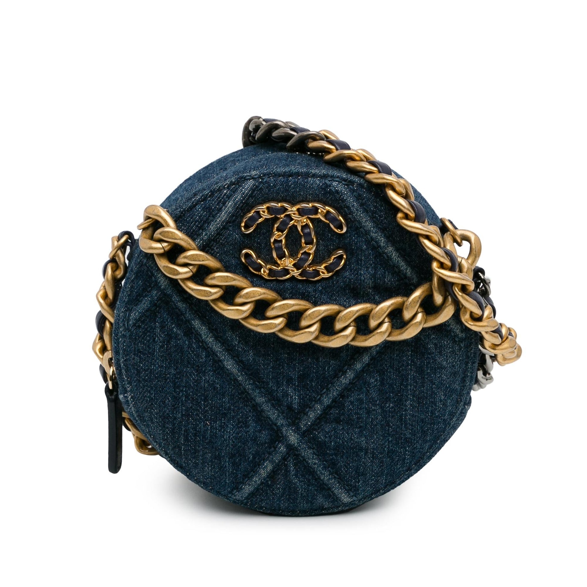 Chanel Denim 19 Round Clutch with Chain (SHG-NNHtw0)