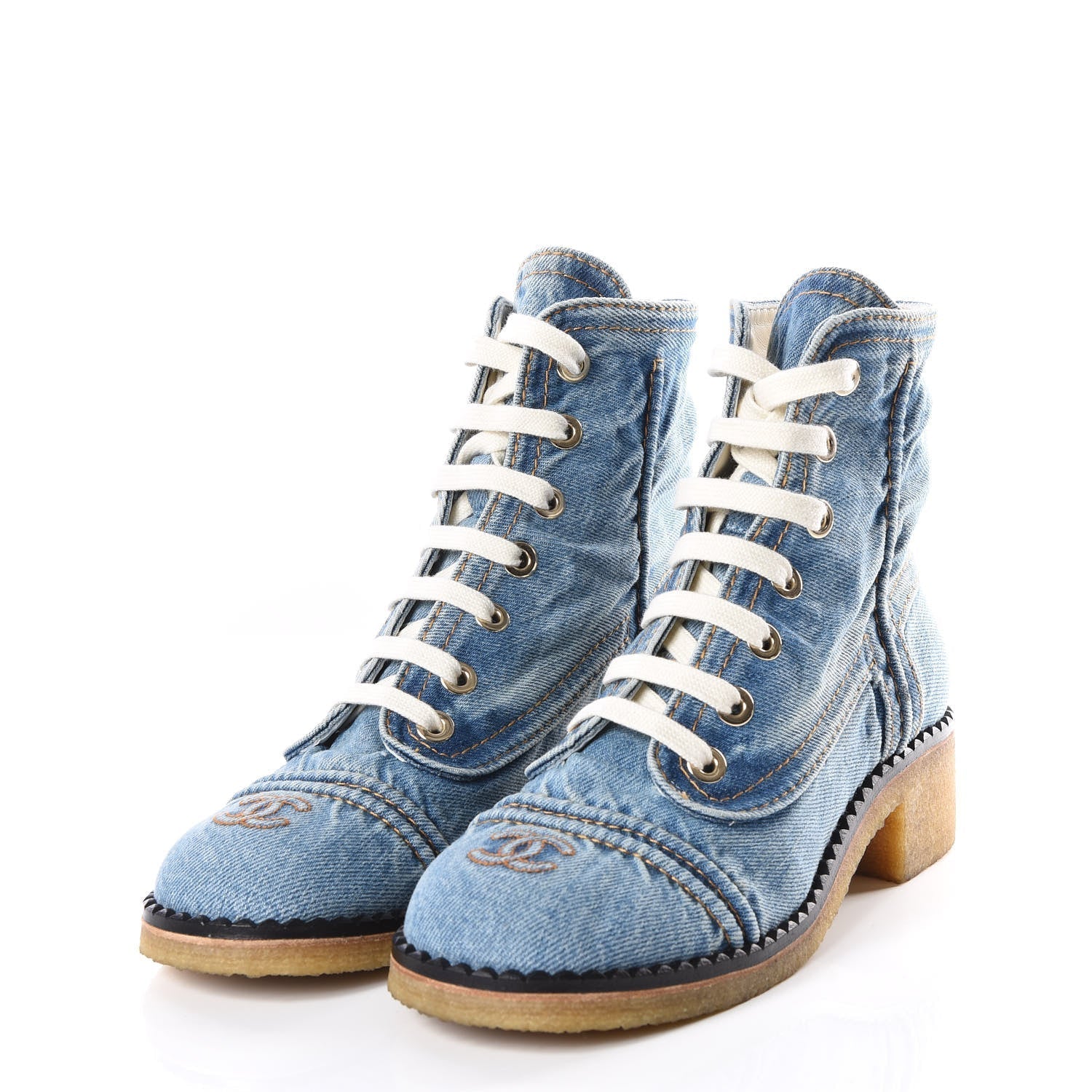 Chanel Denim Lace Up Combat Booties for Women Women's Shoes