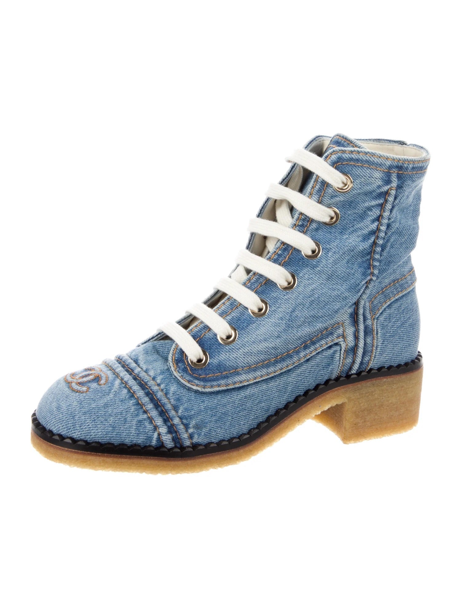 Chanel Denim Lace Up Combat Booties for Women Women's Shoes