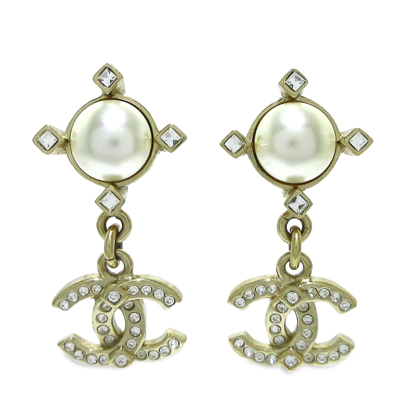 Chanel Faux Pearl & Strass Cc Logo Push Back Drop Earrings (Shg-Vnivoz)