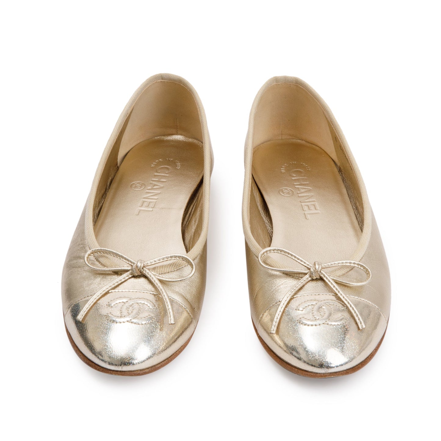 Chanel Interlocking CC Logo Flats Lambskin Gold Shoes