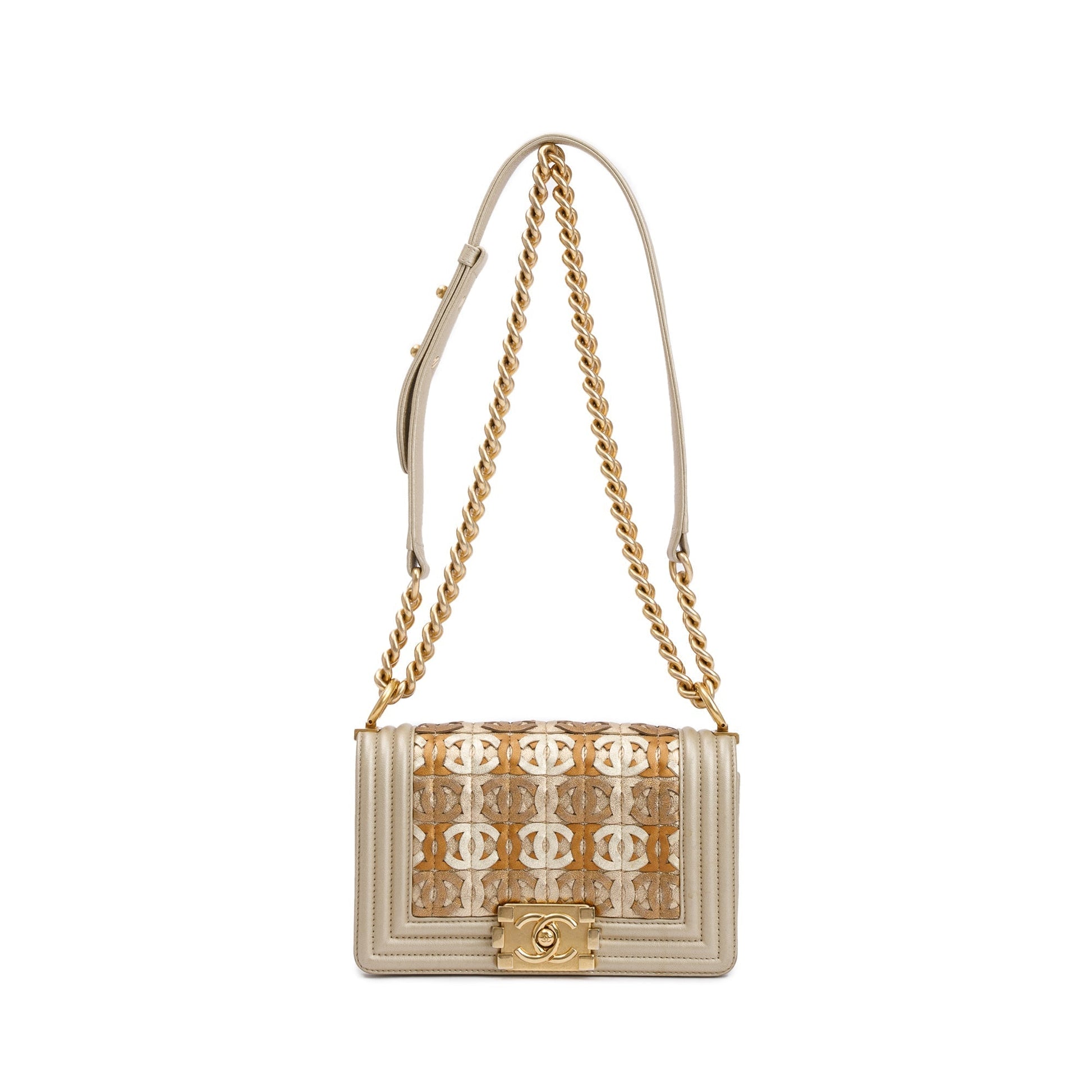 Chanel l Boy Leather Lambskin Gold Travel Bag
